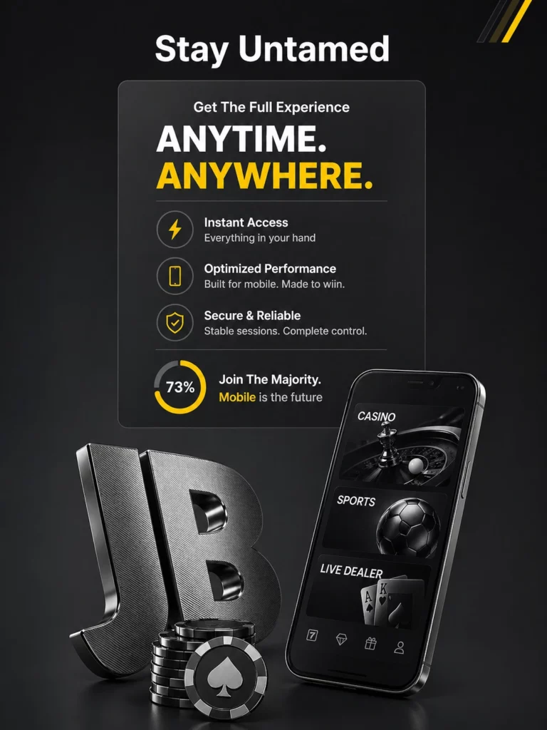 JB mobile casino banner showing anytime anywhere access