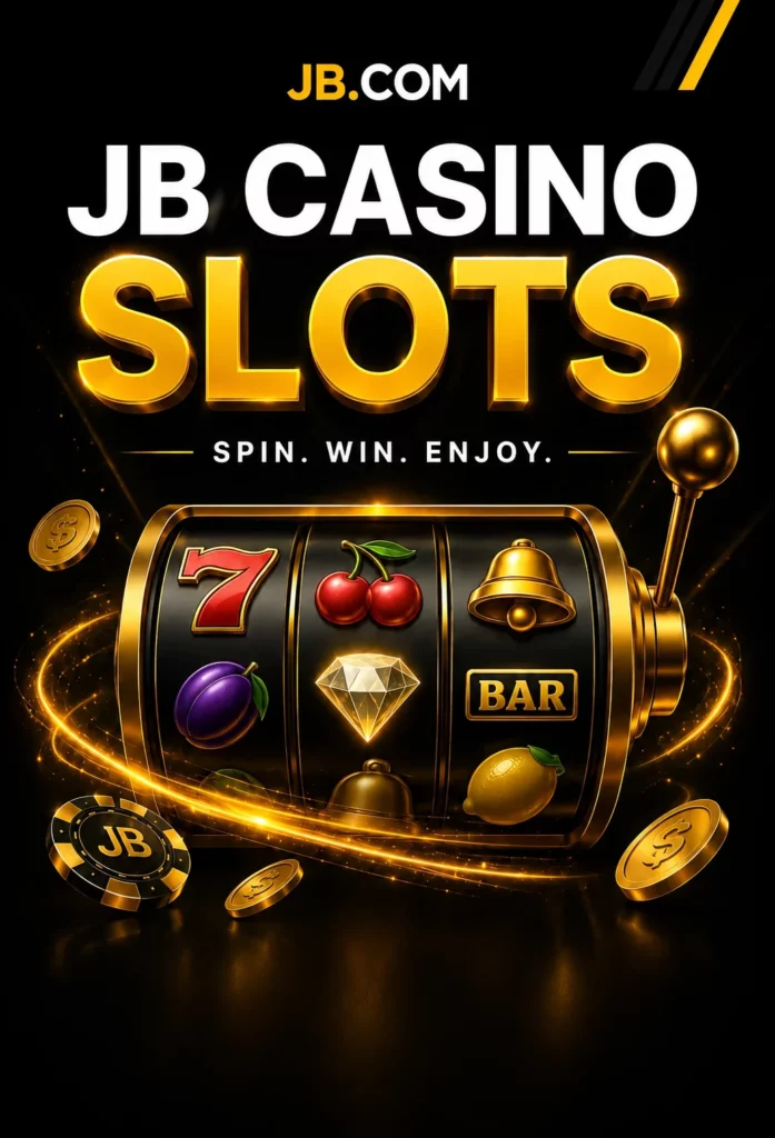 JB Casino Slots banner with classic slot machine and gold theme.