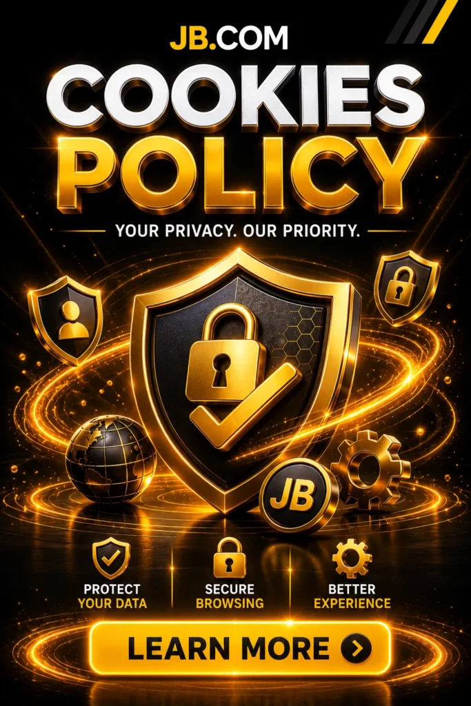 JB.COM Cookies Policy banner with secure browsing and privacy protection.