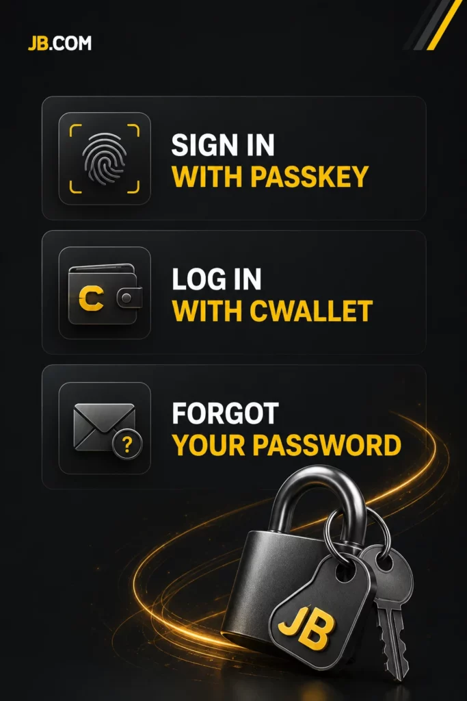 JB.COM login options with passkey, Cwallet access and password recovery on dark background.