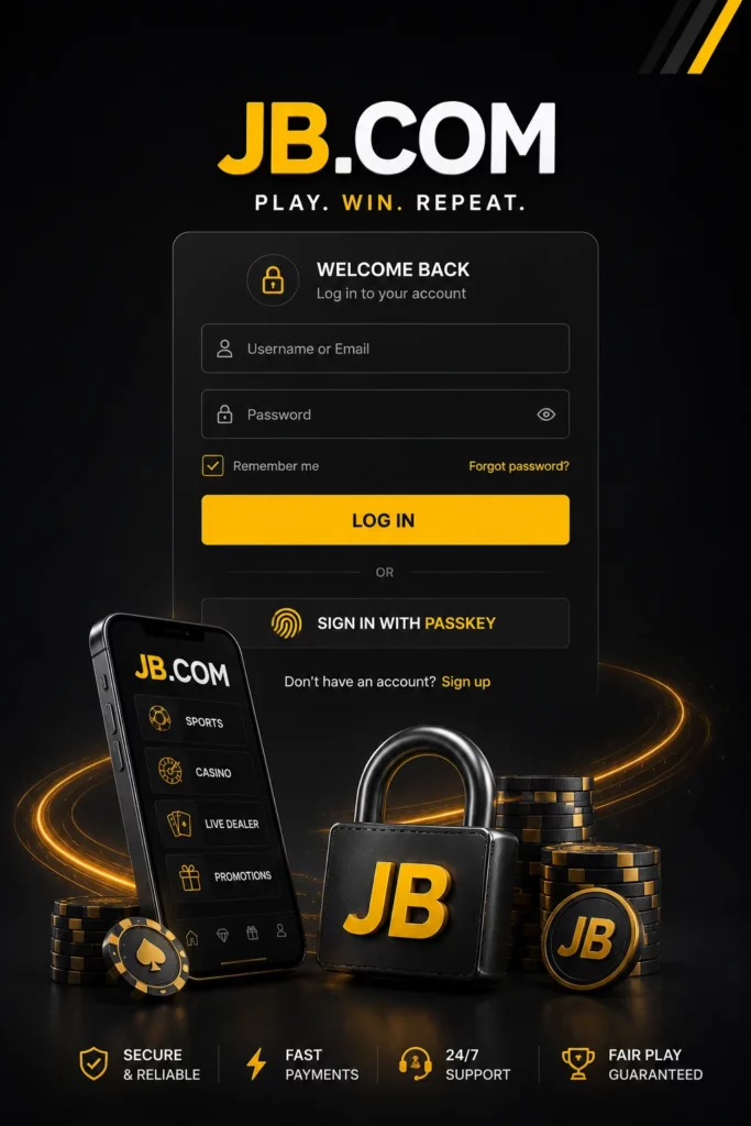 JB.COM login page with secure access and mobile interface on dark background.