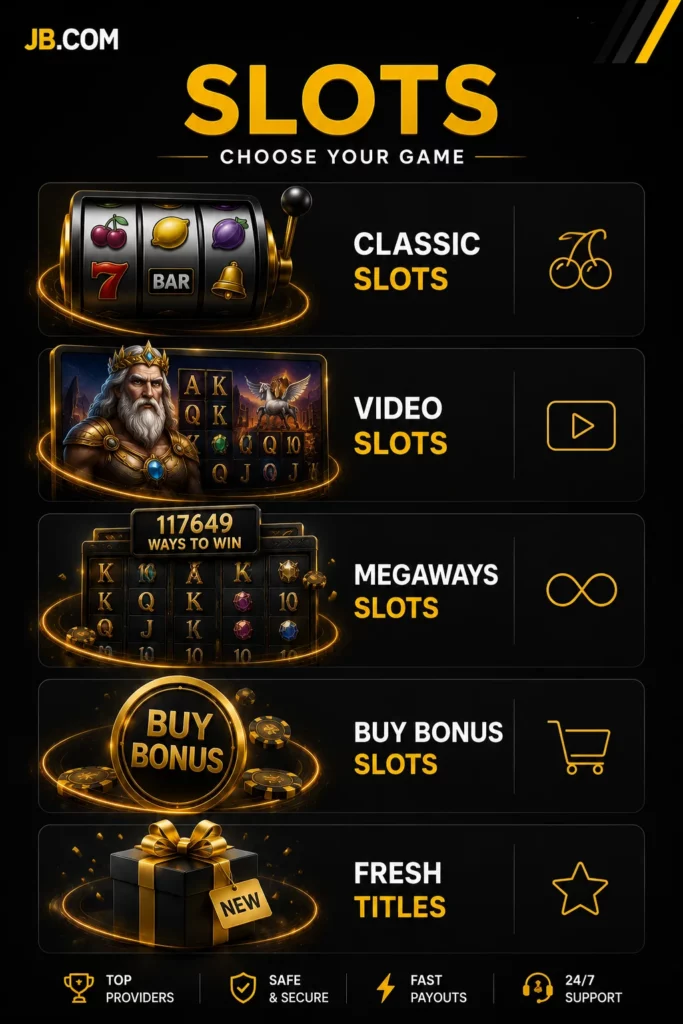JB.COM slot categories with classic, video, Megaways and bonus slot games.